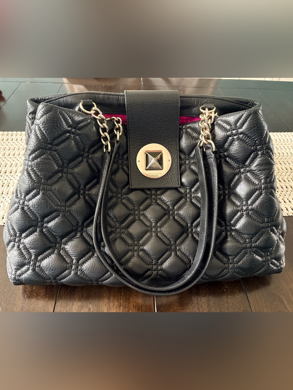 kate spade Black Quilted Leather Shoulder Bag with Gold Hardware and Pink Lining
